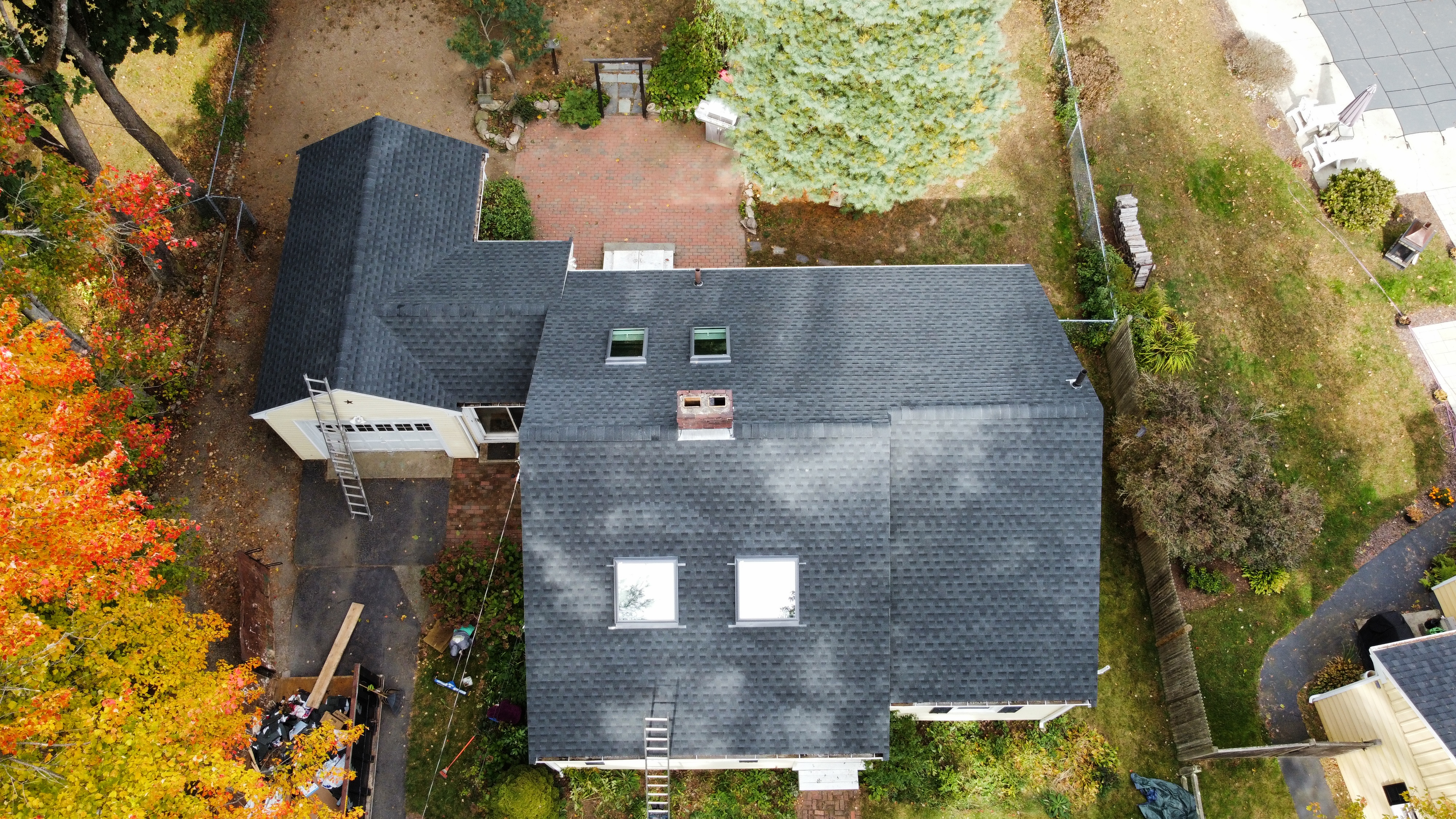 Aerial view completed roof and skylights